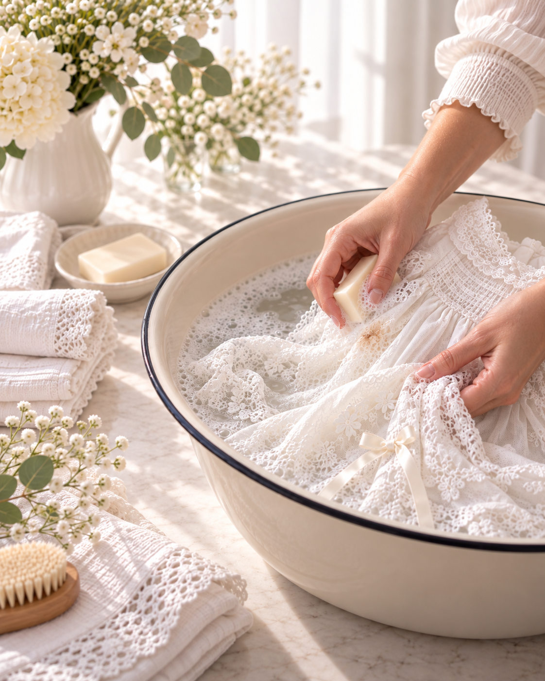 Nettoyage d’une tache récente sur une robe de baptême en dentelle avec du savon de Marseille