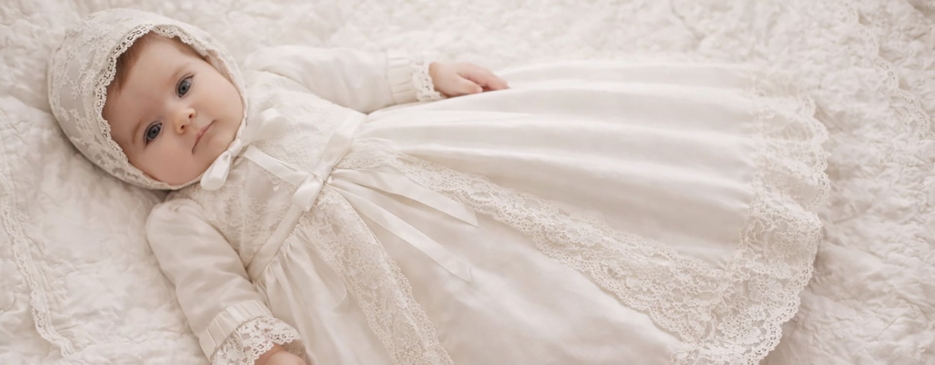 Bonnet de baptême en soie et dentelle blanc cassé. Modèle Clémence. Boutique Fil de Légende à Paris, Neuilly-sur-Seine.