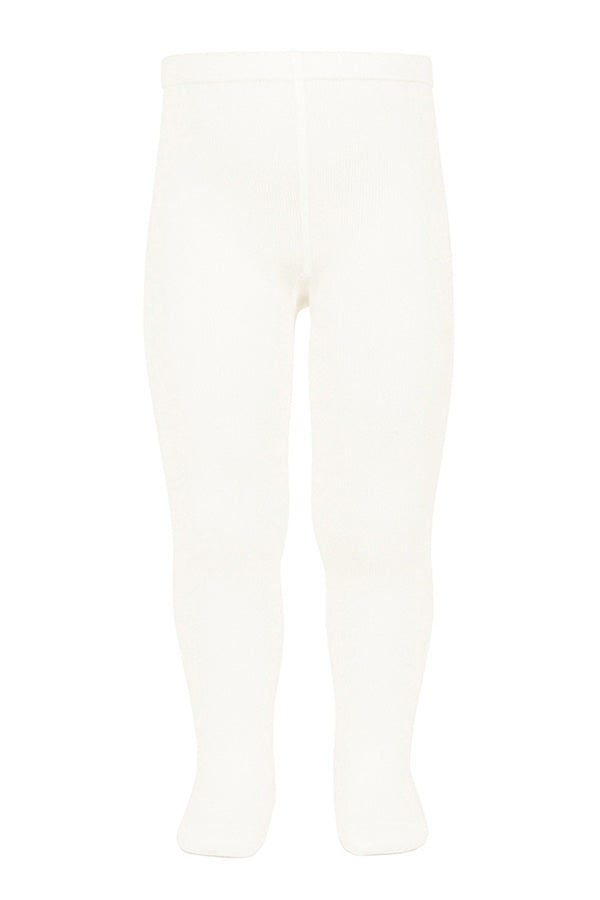 Collant épais en coton chaud blanc cassé pour bébé fille. Idéal à porter avec une robe de cérémonie bébé blanc cassé. Photo du collant porté.