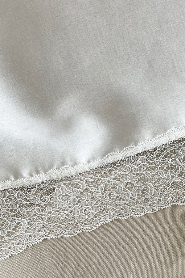 Serviette de baptême en coton blanc bordée d'un large galon de dentelle italienne blanche. Gros plan de la dentelle.